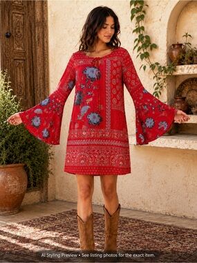 Anthropologie Vanessa Virginia 100% Silk Red Boho Bell Sleeve Dress US 6-8